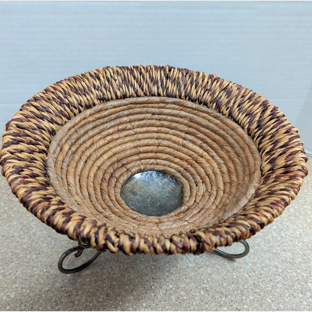 Wicker Woven Metal Pedestal Fruit Bowl Planter Storage Display Boho Large 12”